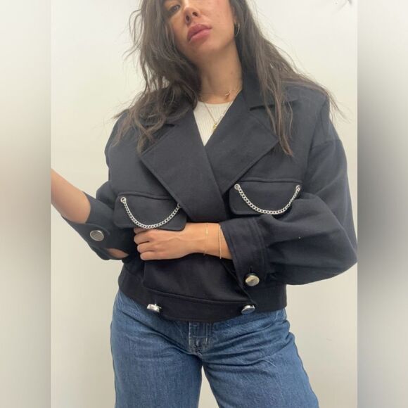 Ellen Tracy Black Bomber Jacket with Silver Accents - Picture 5 of 15